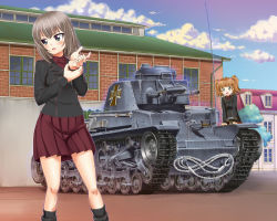 Rule 34 | 10s, 2girls, blue eyes, blush, brown hair, building, cloud, commentary, cover, cover image, cover page, day, emblem, girls und panzer, girls und panzer phase erika, hair bobbles, hair ornament, itsumi erika, kuromorimine (emblem), kuromorimine military uniform, looking to the side, military, military vehicle, motor vehicle, multiple girls, official art, panzer 35(t), radio antenna, rope, rou leila, saitaniya ryouichi, silver hair, skirt, sky, tank, twintails, wrench