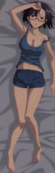 1girl bed_sheet black_hair blue_shorts blue_tank_top bra_strap glasses hand_on_own_head lying midriff nias_carlin on_back ore_wa_seikan_kokka_no_akutoku_ryoushu! semi-rimless_eyewear short_hair shorts solo stitched tank_top third-party_edit under-rim_eyewear yellow_eyes