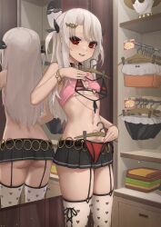 1girl ass back bare_shoulders belt bikini bikini_top_only black_belt black_skirt blush bracelet breasts cleavage clothes_hanger crop_top crop_top_overhang fate/stay_night fate_(series) hair_between_eyes hat heart heart_print highres holding holding_clothes_hanger holding_unworn_clothes illyasviel_von_einzbern indoors jewelry loli long_hair looking_at_viewer mannequin micro_bikini miniskirt mirror navel ola_(bunnyfly) pink_shirt pleated_skirt price_tag red_bikini red_eyes reflection shadow shirt shop short_twintails sidelocks skindentation skirt sleeveless small_breasts smile solo standing sunglasses swimsuit thighhighs thighs twintails white_hair