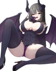 1girl absurdres bare_shoulders black_dress black_hair black_shoes black_thighhighs breasts breasts_apart chunduk claw_ring commission detached_sleeves dragon_horns dragon_wings dress hand_up high_heels highres horns knee_up large_breasts long_hair long_sleeves looking_at_viewer mole mole_on_breast mole_under_eye open_mouth original panties pleated_dress purple_panties red_eyes shoes simple_background sitting sleeveless sleeveless_dress smile solo thighhighs thighs tongue tongue_out underwear white_background wings