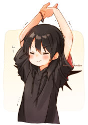 1boy :/ arms_up black_hair black_hoodie blush child closed_eyes closed_mouth cropped_torso dot_nose drawstring far_tarooo hair_between_eyes highres hood hoodie male_focus motion_lines original parted_bangs shiro_(far_tarooo) short_sleeves solo stretching trembling two-sided_fabric white_background