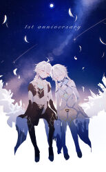 1boy 1girl aether_(genshin_impact) ahoge arm_armor bare_shoulders black_gloves blonde_hair braid brother_and_sister brown_shirt closed_mouth dress earrings flower genshin_impact gloves hair_between_eyes hair_flower hair_ornament highres holding jewelry long_hair long_sleeves lumine_(genshin_impact) nagikiho romper scarf shirt short_hair short_hair_with_long_locks siblings sidelocks single_braid single_earring smile white_dress white_flower white_romper white_scarf