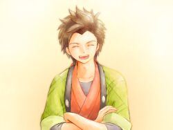 1boy :d azu_rin_go bokujou_monogatari bokujou_monogatari:_mittsu_no_sato_no_taisetsuna_tomodachi brown_hair closed_eyes collarbone crossed_arms green_haori hair_bobbles hair_ornament haori happy highres hinata_(bokujou_monogatari) japanese_clothes jinbei_(clothes) kimono light_blush male_focus open_mouth orange_kimono rattail shirt_under_kimono short_hair side_part smile solo spiked_hair three-quarter_sleeves upper_body widow&#039;s_peak yellow_background