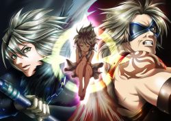 1girl 2boys barurai brother_and_sister clenched_teeth dual_persona eyepatch father_and_daughter green_eyes multiple_boys nier nier_(character) nier_(series) nier_(brother) siblings tattoo teeth yonah