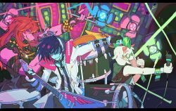 1boy 1girl 1other alternate_costume band_(music) black_gloves blue_hair blue_skin closed_eyes coat colored_skin deltarune drum drum_set drumsticks electric_guitar fingerless_gloves fingernails furry furry_female furry_male glasses gloves goat_boy goat_horns green-framed_eyewear green_hair guitar highres holding holding_drumsticks holding_instrument holding_microphone holding_plectrum horns instrument kris_(dark_world)_(deltarune) kris_(deltarune) letterboxed medium_hair microphone mohawk nail_polish outstretched_arm pink_nails pink_skin plectrum ralsei red_hair sharp_fingernails short_hair smile susie_(dark_world)_(deltarune) susie_(deltarune) white_coat yaksa_del