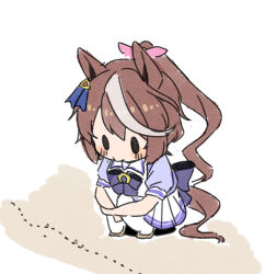 1girl animal_ears ant blush_stickers bow brown_hair bug chibi commentary_request ear_ribbon hair_bow highres horse_ears horse_girl horse_tail insect long_hair multicolored_hair pink_bow ponytail purple_shirt school_uniform shirt short_sleeves skirt solid_eyes solo streaked_hair tail tokai_teio_(umamusume) tracen_school_uniform umamusume white_background white_hair white_skirt yunekoko