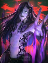 Rule 34 | 1boy, artist name, aura, black hair, colored skin, commentary request, dark aura, earrings, green eyes, highres, horns, jewelry, litzgerald, long hair, looking at viewer, male focus, metaphor: refantazio, open mouth, purple skin, smile, solo, standing, toned, toned male, watermark, wide-eyed, zorba (metaphor: refantazio)