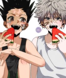 2boys bandage_on_face bandages bandaid bandaid_on_face black_hair black_tank_top brown_eyes eating food fruit gon_freecss highres hunter_x_hunter killua_zoldyck korean_text male_focus medium_hair multiple_boys simple_background spiked_hair sweat tank_top watermelon watermelon_slice white_background white_hair white_tank_top yorozuya37