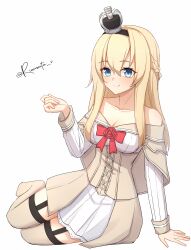 1girl aticsanir black_garter_straps blonde_hair blue_eyes braid breasts cleavage corset crown dress flower garter_straps hair_between_eyes half_up_braid highres kantai_collection long_hair long_sleeves medium_breasts mini_crown off-shoulder_dress off_shoulder red_flower red_rose rose sitting smile solo thighhighs very_long_hair warspite_(kancolle) white_background white_corset white_dress white_thighhighs yokozuwari