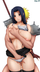 1boy 1girl behind_another black_eyes black_hair black_thighhighs blonde_hair breasts censored censored_nipples cloud_strife_(cosplay) final_fantasy final_fantasy_vii fingering fingerless_gloves gloves grabbing_another&#039;s_breast groping hetero large_breasts looking_at_viewer mature_female mosaic_censoring naruto_(series) naruto_shippuuden nipples older_woman_and_younger_man panties pauldrons red_gloves scy_25 simple_background single_pauldron smile sword sword_behind_back thighhighs tifa_lockhart_(cosplay) uchiha_mikoto underwear uzumaki_naruto weapon white_background white_panties