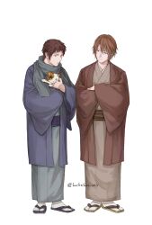 Rule 34 | 2boys, animal, brown eyes, brown hair, brown kimono, calico cat, cat, commentary request, full body, green kimono, grey scarf, holding, holding animal, holding cat, japanese clothes, kaikaikai 1211, kimono, koizumi itsuki, kyon, long sleeves, looking at another, male focus, multiple boys, sandals, scarf, shamisen (suzumiya haruhi), simple background, standing, suzumiya haruhi no yuuutsu, white background, wide sleeves
