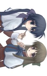 Rule 34 | 2girls, blue hair, bow, brown eyes, brown hair, capelet, chopsticks, closed eyes, dress, eating, expressionless, green eyes, hair between eyes, hair bow, highres, holding, holding chopsticks, kanon, kawasumi mai, kurata sayuri, long hair, long sleeves, looking at viewer, multiple girls, nemu (zutto oyasu3), open mouth, plaid bow, ponytail, red dress, school uniform, sidelocks, sideways, simple background, smile, straight hair, white background, white capelet