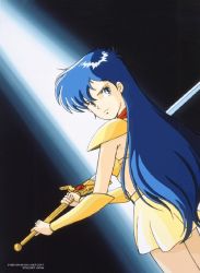1990s_(style) 1girl armor asou_yuuko belt bikini_armor blue_eyes dutch_angle female_focus game long_hair looking_at_viewer looking_back microskirt midriff miniskirt mugen_senshi_valis navel nec neckerchief official_art pc_engine retro_artstyle simple_background skirt solo sword telenet_japan valis valis_sword very_long_hair weapon