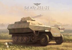 Rule 34 | absurdres, armored personnel carrier, armored vehicle, artist name, building, dated, fire, half-track, highres, military, military vehicle, motor vehicle, no humans, original, outdoors, panther (tank), scenery, sky, smoke, spacebar hobby, tank, vehicle focus, vehicle name