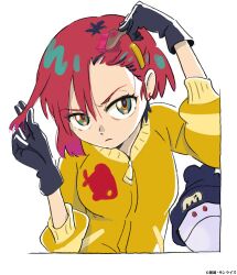 1girl amate_yuzuriha aqua_eyes beanie gloves gundam gundam_gquuuuuux hair_dye hair_ornament hairclip haro hat highres holding holding_paintbrush jacket looking_at_viewer non-humanoid_robot official_art paintbrush pom_pom_(clothes) pom_pom_beanie red_hair robot short_hair simple_background solo white_background