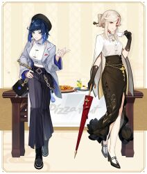 2girls absurdres aqua_eyes bag beret black_gloves black_hat blue_hair bob_cut boots breasts closed_mouth diagonal_bangs dress full_body genshin_impact gloves hair_ornament hat high-waist_pants high-waist_skirt high_heels highres holding holding_umbrella long_hair looking_at_viewer multiple_girls ningguang_(genshin_impact) ningguang_(pizza_hut)_(genshin_impact) no_shoes official_alternate_costume official_alternate_hairstyle official_art pants parted_bangs parted_lips pizza_hut red_eyes shirt short_hair sidelocks skirt smile standing thigh_boots third-party_source umbrella white_hair yelan_(genshin_impact) yelan_(pizza_hut)_(genshin_impact)