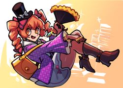 Rule 34 | 1girl, :d, bag, black hat, boots, brown boots, coat, dress, drill hair, full body, fur trim, hand fan, hat, holding, holding fan, iganashi1, jewelry, long sleeves, medium hair, mini hat, mini top hat, one-hour drawing challenge, open mouth, orange background, orange hair, pantyhose, pendant, purple coat, shoulder bag, smile, solo, top hat, touhou, twin drills, white dress, yorigami jo&#039;on