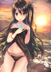1girl bare_shoulders barefoot beach bikini black_bikini blush bracelet brown_eyes collarbone female_focus hair_between_eyes hair_ornament hairclip highres jewelry kamome_yuu kneeling long_hair looking_at_viewer navel necklace ocean off_shoulder original parted_lips side_ponytail solo sunset swimsuit