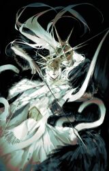 2boys absurdres aldrich_devourer_of_gods black_dress closed_mouth covered_eyes dark_souls_(series) dark_souls_iii dark_sun_gwyndolin dress grey_hair helmet highres holding holding_weapon long_hair long_sleeves multiple_boys simple_background snake spiked_helmet teeth weapon white_dress
