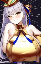 1girl absurdres animal_hat bare_shoulders bb_(fate) blush breasts fate/grand_order fate_(series) gold_leotard golden_bb_(fate) hair_ribbon hat highres huge_breasts leotard long_hair looking_at_viewer lying okome_(pixiv108949149) purple_hair rabbit_hat ribbon smile solo very_long_hair yellow_eyes