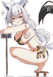 1girl animal_ears bikini blue_eyes blush breasts fang fox_ears fox_girl fox_tail from_side full_body geta gold_bikini golden_week golden_week_bikini halterneck heart highres hololive long_hair looking_at_viewer medium_breasts sandals shirakami_fubuki side-tie_bikini_bottom simple_background solo spoken_blush spoken_heart string_bikini swimsuit tail tazrn1 virtual_youtuber white_background white_hair