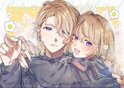 Rule 34 | 1boy, 1girl, :d, ahoge, artist name, black jacket, blonde hair, blush, border, braid, closed mouth, collared shirt, dual persona, ear piercing, earrings, fura kanato, fura kanato (3rd costume), genderswap, genderswap (mtf), gold earrings, grey shirt, hair between eyes, hand up, hashtag-only commentary, highres, holding another&#039;s hair, hug, jacket, jewelry, kaburagi (pnoir087), kana (fura kanato), linked piercing, long hair, long sleeves, looking at viewer, multicolored hair, nijisanji, open clothes, open jacket, open mouth, orange hair, outside border, parted bangs, piercing, purple eyes, shirt, sidelocks, smile, streaked hair, teeth, twin braids, twitter username, upper teeth only, virtual youtuber, watermark, white border, yellow background
