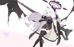 1girl ahoge armband black_coat black_halo black_skirt black_thighhighs blue_archive breasts coat coat_on_shoulders demon_girl demon_horns demon_wings denchi5 gehenna_academy_logo gun halo hina_(blue_archive) holding holding_gun holding_weapon horns long_hair looking_at_another machine_gun mg42 purple_eyes red_armband simple_background skirt small_breasts solo thighhighs weapon white_hair wings