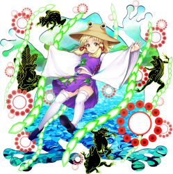 1girl animal_print black_shoes blonde_hair brown_hat closed_mouth danmaku frog frog_print full_body game_cg hair_ribbon hat highres long_hair long_sleeves looking_at_viewer midriff_peek moriya_suwako mountain_of_faith navel official_art purple_skirt purple_vest red_ribbon ribbon rotte_(1109) shirt shoes sidelocks skirt skirt_set smile solo thighhighs third-party_source touhou touhou_lostword transparent_background tress_ribbon vest water white_shirt white_thighhighs wide_sleeves yellow_eyes