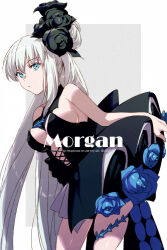 1girl bare_shoulders black_dress blue_eyes blue_flower blue_rose braid breasts character_name cleavage dress echo_(circa) fate/grand_order fate_(series) flower grey_hair hair_flower hair_ornament large_breasts long_hair looking_at_viewer morgan_le_fay_(fate) ponytail rose sidelocks solo thighs very_long_hair