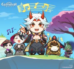 1girl absurdres arataki_itto bull chibi genshin_impact hand_out hand_outstreched highres kuki_shinobu music musical_note npc_(genshin_impact) official_art oni outdoors sky