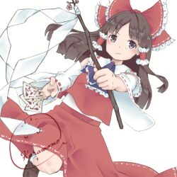 1girl bare_shoulders bow brown_eyes brown_hair brown_shoes closed_mouth collared_shirt detached_sleeves foot_out_of_frame frilled_bow frilled_hair_tubes frilled_shirt_collar frills gohei hair_bow hair_tubes hakurei_reimu holding holding_gohei holding_stick karamo_(c_karamomo) long_hair looking_up red_bow red_ribbon red_shirt red_skirt ribbon ribbon-trimmed_sleeves ribbon_trim shirt shoes simple_background skirt socks solo stick touhou white_background white_socks wide_sleeves