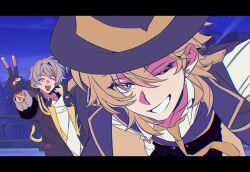 2boys aventurine_(honkai:_star_rail) aventurine_(stoneheart&#039;s_oath_ring)_(honkai:_star_rail) black_border black_coat black_gloves black_hat black_pants blonde_hair blue_eyes blue_gemstone blue_sky border building caelus_(honkai:_star_rail) city closed_eyes coat collarbone collared_shirt commentary_request crystal_earrings earrings fingerless_gloves gem gloves grey_hair hair_between_eyes hand_up happy hat highres honkai:_star_rail honkai_(series) hood hooded_coat in-universe_location jacket jewelry lapels long_sleeves looking_at_viewer male_focus multicolored_eyes multiple_boys necktie night night_sky official_alternate_costume one_eye_closed open_clothes open_coat open_jacket open_mouth open_vest outdoors pants peril puffy_long_sleeves puffy_sleeves purple_eyes purple_hat purple_jacket purple_vest rongyuan_gulu shirt short_hair sidelocks sky skyscraper smile standing t-shirt teeth trailblazer_(honkai:_star_rail) two-sided_fabric two-sided_jacket v vest white_shirt yellow_jacket yellow_necktie