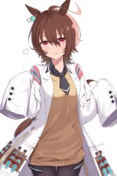 Rule 34 | 1girl, agnes tachyon (umamusume), ahoge, animal ears, black necktie, black pantyhose, black shirt, brown hair, chemical structure, coat, collared shirt, cowboy shot, ear ornament, hair between eyes, heart, highres, horse ears, horse girl, horse tail, lab coat, looking at viewer, necktie, nekosination, open clothes, open coat, pantyhose, parted lips, red eyes, shirt, short hair, simple background, sleeves past fingers, sleeves past wrists, smile, solo, sweater vest, tail, test tube, test tube holster, twitter username, umamusume, white background, white coat, yellow sweater vest
