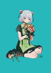 Rule 34 | 1girl, alternate costume, alternate hairstyle, anby demara, aqua background, black gloves, braid, burger, china dress, chinese clothes, commentary request, double bun, dress, eating, fingerless gloves, food, food on face, gloves, green dress, hair bun, highres, holding, holding burger, holding food, looking at viewer, nail polish, orange eyes, shiro chan46, shoes, short hair, short sleeves, side braid, simple background, sitting, solo, white hair, zenless zone zero