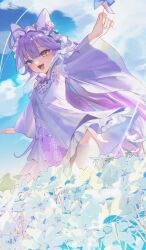 1girl absurdres ahoge blue_eyes blue_sky cloud day detached_sleeves fang highres long_hair open_mouth pinwheel raelchijigae sky solo stellive tenko_shibuki thighhighs very_long_hair white_thighhighs yellow_eyes