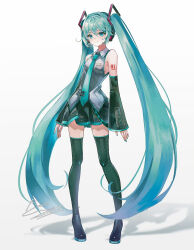 Rule 34 | 1girl, aqua eyes, aqua hair, bare shoulders, black skirt, black sleeves, closed mouth, detached sleeves, full body, hatsune miku, highres, long hair, mie haha, number tattoo, shadow, simple background, skirt, solo, standing, tattoo, very long hair, vocaloid, white background