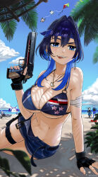 1girl abs absurdres alarm_clock alternate_costume belt bikini black_gloves black_hair blue_eyes blue_hair boros_(ouro_kronii) breasts cahryos clock desert_eagle earrings fingerless_gloves gloves gun hair_intakes handgun highres holding holding_gun holding_weapon hololive hololive_english holster jewelry kronie_(ouro_kronii) large_breasts looking_at_viewer midriff multicolored_hair ouro_kronii outdoors shirt short_hair shorts smile solo_focus summer swimsuit thigh_holster thigh_strap unzipped virtual_youtuber weapon