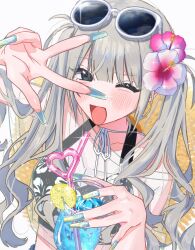 Rule 34 | 1girl, bikini, black bikini, blunt bangs, blush, breasts, collarbone, commentary, drink, drinking straw, eyewear on head, fingernails, floral print, flower, from above, grey hair, gyaru, hair flower, hair ornament, hamafugu, hibiscus, highres, holding, holding drink, long hair, looking at viewer, medium breasts, nail polish, one eye closed, open mouth, original, pink flower, see-through clothes, simple background, solo, sunglasses, swimsuit, tongue, twintails, v, very long fingernails