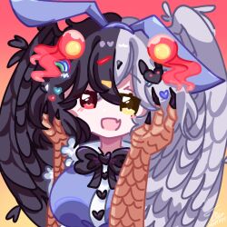 1girl alice_(black_souls) alice_(black_souls)_(cosplay) asymmetrical_wings bird_wings black_bow black_bowtie black_hair black_souls black_souls_2 blue_hairband blue_ribbon blue_skirt blush bow bow_hairband bowtie breasts buttons collared_shirt cosplay faydee frilled_shirt_collar frills gradient_background hair_ornament hairband hairclip half-harpy hands_in_hair hands_on_own_face happy head_wings headband heart heart_hair_ornament heterochromia highres jubjub_(black_souls) looking_at_viewer looking_to_the_side medium_breasts mismatched_wings multicolored_hair open_mouth rabbit_hair_ornament red_background red_eyes ribbon shirt short_hair signature sister_alice_(black_souls) skirt smile split-color_hair talons white_hair wings yellow_background yellow_eyes