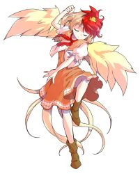1girl alphes_(style) animal animal_on_head baby_animal bird bird_tail blonde_hair boots brown_boots chick commentary_request dairi dress feathered_wings fighting_stance full_body highres looking_at_viewer multicolored_hair neckerchief niwatari_kutaka on_head open_mouth orange_dress parody puffy_short_sleeves puffy_sleeves red_eyes red_hair red_neckerchief shirt short_hair short_sleeves smile solo standing standing_on_one_leg style_parody tachi-e tail touhou transparent_background two-tone_hair white_shirt wings