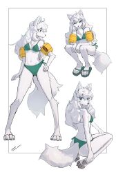 1girl ahoge animal_ear_fluff animal_ears animal_nose arms_on_knees artist_name ass back bare_shoulders barefoot bikini blue_eyes bow breasts chest_fur claws cleavage clothing_cutout commentary eyebrows_hidden_by_hair flip-flops fox_ears fox_girl fox_tail from_behind full_body furry furry_female gfox40400 green_bikini hair_between_eyes hand_on_own_hip hand_on_own_thigh highres inflatable_armbands legs_apart long_hair looking_at_viewer looking_back looking_to_the_side multiple_views navel original pawpads sandals sidelocks small_breasts snout solo squatting swimsuit symbol-only_commentary tail tail_through_clothes thighs timestamp wavy_hair white_background white_fur white_hair white_tail