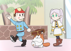 Rule 34 | 1boy, 1girl, 1other, 21 emon, 21 emon (character), baseball cap, black eyes, black footwear, black pantyhose, blue jumpsuit, blurry, blush stickers, boots, brown footwear, brown hair, capelet, carrying overhead, commentary request, crossover, depth of field, dress, earrings, elf, floating earring, forehead, frieren, fujiko f fujio (style), full body, green eyes, grey hair, hat, highres, hotel, indoors, jewelry, jumpsuit, knee boots, long hair, long sleeves, looking at another, mongaa (21 emon), pantyhose, parody, parted bangs, pointy ears, sidelocks, sousou no frieren, style parody, suitcase, thick eyebrows, twintails, ueyama michirou, walking, white capelet, white dress