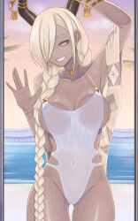 1girl absurdres against_glass azur_lane blonde_hair braid breasts cleavage covered_navel cowboy_shot dark-skinned_female dark_skin hair_over_one_eye highres horn_ornament horns kuchidan large_breasts large_horns long_hair looking_at_viewer low_twin_braids mole mole_under_mouth official_alternate_costume one-piece_swimsuit owari_(azur_lane) owari_(shimmering_forsythia)_(azur_lane) smile solo standing swimsuit thigh_gap twin_braids very_long_hair white_nails white_one-piece_swimsuit yellow_eyes