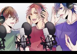 Rule 34 | 3boys, :d, bangs pinned back, black border, blue eyes, blue hair, border, brown hair, collarbone, fangs, green shirt, grey background, grey eyes, hair between eyes, hand up, hands on headphones, headphones, highres, ichinose tokiya, ittoki otoya, kotobuki reiji, letterboxed, looking at another, male focus, microphone, multiple boys, music, open mouth, pop filter, profile, purple shirt, red hair, red shirt, shirt, short hair, short sleeves, singing, smile, studio microphone, swept bangs, t-shirt, upper body, uta no prince-sama, vibrahat