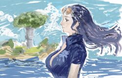 Rule 34 | 1girl, black hair, blue sky, borukeinosatie, breasts, cleavage cutout, closed mouth, clothing cutout, cloud, collared shirt, eyewear on head, floating hair, island, large breasts, long hair, nico robin, nico robin (return to sabaody), ocean, official alternate costume, one piece, shirt, sky, solo, sunglasses, tree, upper body, water