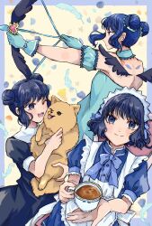 1girl aizawa_mint animal bird_girl blue_eyes blue_hair blueskytake bow bow_(weapon) cafe_mew_mew_uniform choker commentary_request cup detached_sleeves dog double_bun dress gloves hair_bun highres holding holding_animal holding_bow_(weapon) holding_weapon looking_at_viewer magical_girl mew_mint mickey_(tokyo_mew_mew) mintone_arrow multiple_views parrot_girl puffy_detached_sleeves puffy_sleeves short_hair smile teacup tokyo_mew_mew weapon wings