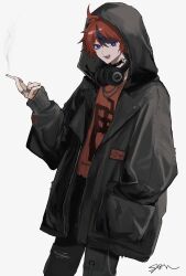 1boy absurdres ahoge alternate_costume black_hair black_hoodie black_jacket black_pants blue_eyes chain chain_necklace cigarette collar hand_in_pocket headphones headphones_around_neck highres holding holding_cigarette hood hood_up hooded_jacket hoodie jacket jewelry looking_at_viewer male_focus messy_hair multicolored_eyes multicolored_hair necklace open_mouth pants red_eyes red_hair red_shirt shirt simple_background solo solo_focus standing sumino_takumi teeth the_hundred_line_-last_defense_academy- tongue upper_teeth_only white_background