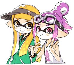 2girls goggles goggles_on_head hair_bun inkling inkling_girl inkling_player_character jacket long_hair looking_at_viewer multiple_girls nintendo orange_eyes orange_hair pointy_ears purple_eyes purple_hair sen_squid splatoon_(series) tank_top v visor