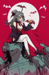 absurdres bat_(animal) black_shoes crossed_legs eyepatch full_body geega_(vtuber) highres milkytiddyboy one_eye_covered pantyhose red_eyes seamed_legwear shoes side-seamed_legwear smile tagme vampire virtual_youtuber vshojo white_pantyhose