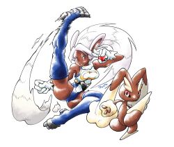 1girl absurdres animal_ears artist_name ass black_sclera blue_thighhighs boku_no_hero_academia breasts brown_fur colored_sclera crossover crotch dark-skinned_female dark_skin dwalkn gen_4_pokemon gloves highleg highleg_leotard highres holding holding_poke_ball kicking large_breasts leotard lopunny mirko muscular muscular_female nintendo parody poke_ball pokemon pokemon_gsc_(style) pokemon_rgby_(style) rabbit_ears rabbit_girl red_eyes smile style_parody thick_thighs thighhighs thighs trait_connection white_fur white_gloves white_hair